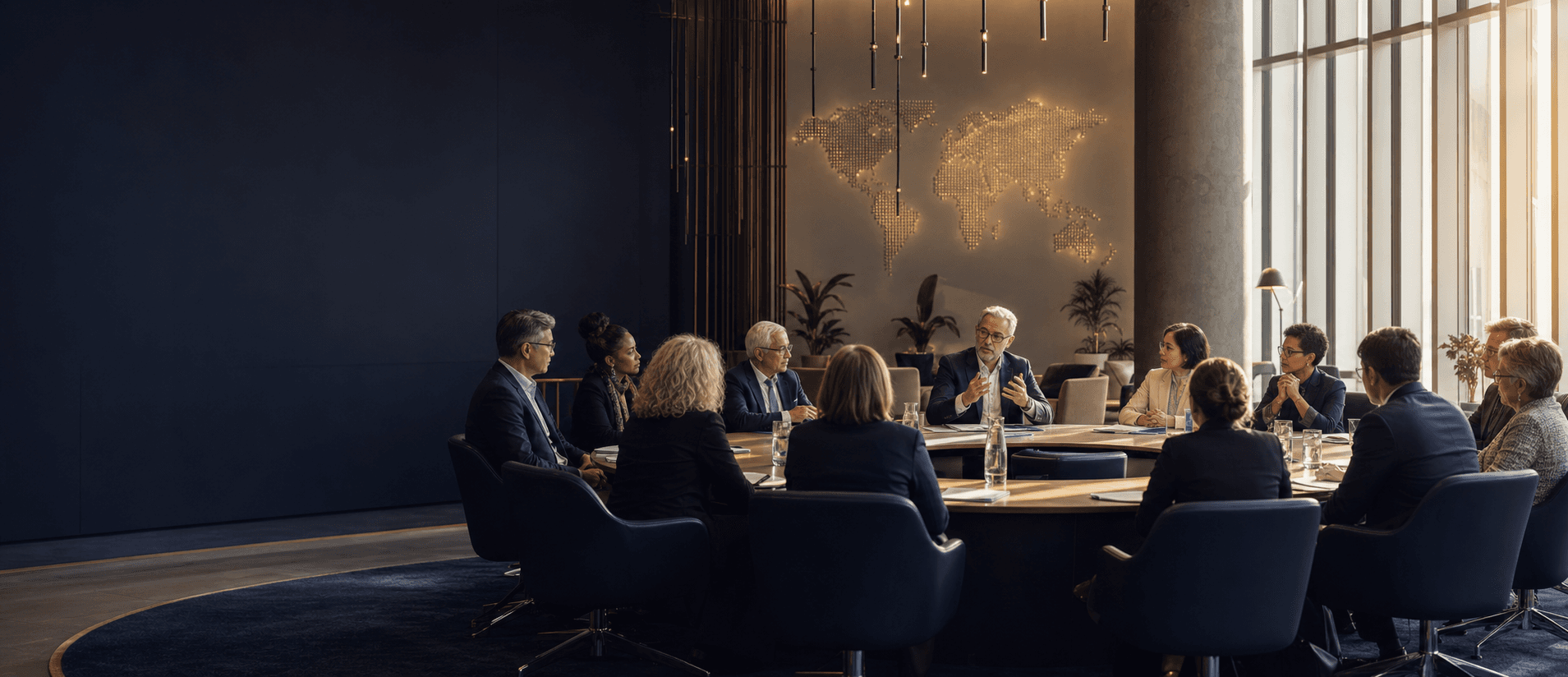 Global education leaders in a collaborative summit setting