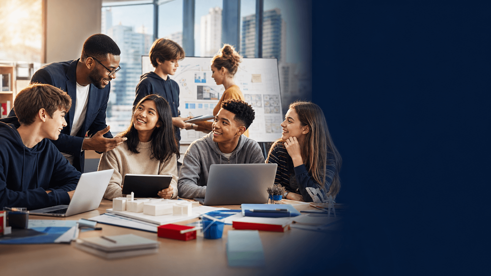 American students and educator collaborating in a future-ready learning studio